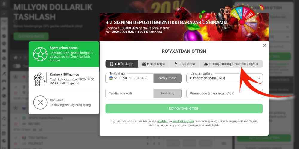 Ro'yxatdan o'tish usulini tanlang